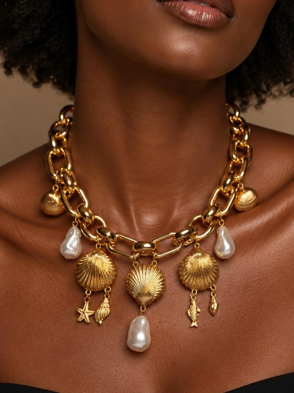 Chunky Gold Shell & Pearl Charm Statement Necklace - Women Jewelry